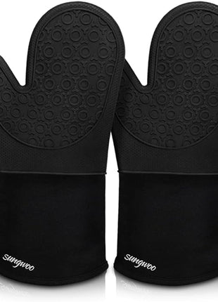 sungwoo Silicone Oven Mitts, Heat Resistant Oven Gloves with Quilted Liner Non-Slip Textured Grip Perfect for BBQ, Baking, Cooking and Grilling - 1 Pair 13.8 Inch Black