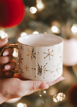 Sweet Water Decor Gold Snowflake Coffee Mug, 14oz China Christmas Mug with Gold Handle, Large Holiday Winter Cup for Coffee, Tea & Hot Chocolate, Stocking Stuffer Gifts for Women