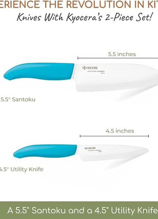 KYOCERA Revolution 2-Piece Ceramic Knife Set: Chef Knife For Your Cooking Needs, 5.5" Santoku and 4.5" Utility Knife, White Blades with Blue Handles, White/Blue
