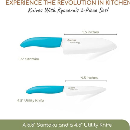 KYOCERA Revolution 2-Piece Ceramic Knife Set: Chef Knife For Your Cooking Needs, 5.5" Santoku and 4.5" Utility Knife, White Blades with Blue Handles, White/Blue