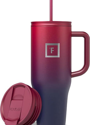 IRON °FLASK Co-Pilot Insulated Mug w/Straw & Flip Cap Lids - Cup Holder Bottle for Hot, Cold Drink - Leak-Proof - Water, Coffee Portable Travel Mug - Dark Rainbow, 40 Oz