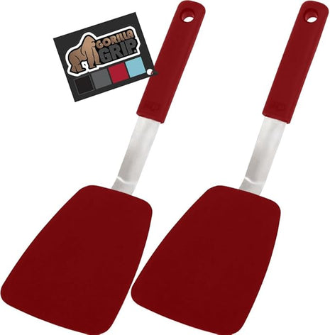 GORILLA GRIP Patented BPA-Free Non-Scratch Spatula, 2 Pack, Heat Resistant Flexible Silicone Head for Nonstick Cooking Pans, Soft Rubber Handle, Kitchen Spatulas for Flipping Eggs, Pancakes, Red
