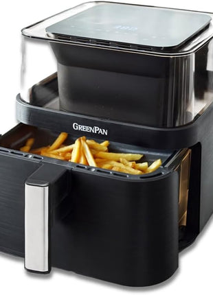 GreenPan Clearview Extra Large 7QT Air Fryer, 360° Clear Window, PFAS-Free Ceramic Nonstick Drawer and Tray, Heat to 400°F, 13-Presets, Shake Reminder, Keep Warm, Delay Start, Dishwasher Safe Parts