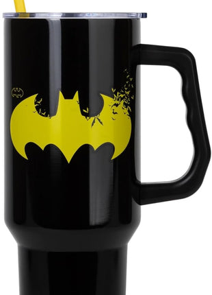 Silver Buffalo DC Comics Batman Logo Stainless Steel Tumbler with Handle and Straw, Fits in Standard Cup Holder, 40 Ounces