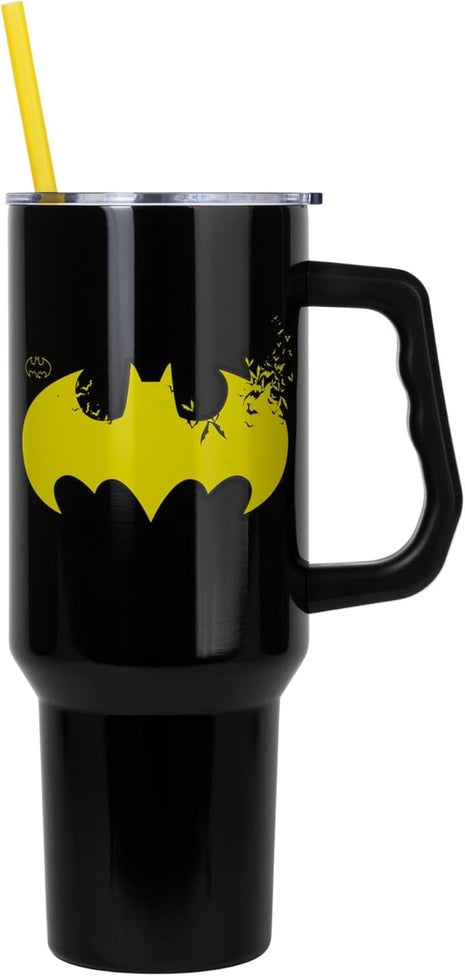 Silver Buffalo DC Comics Batman Logo Stainless Steel Tumbler with Handle and Straw, Fits in Standard Cup Holder, 40 Ounces