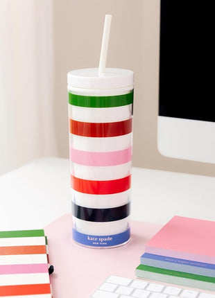 kate spade new york Acrylic Tumbler with Lid and Straw, 24 oz Tumbler, Slim Double Wall Tumbler, Adventure Stripe