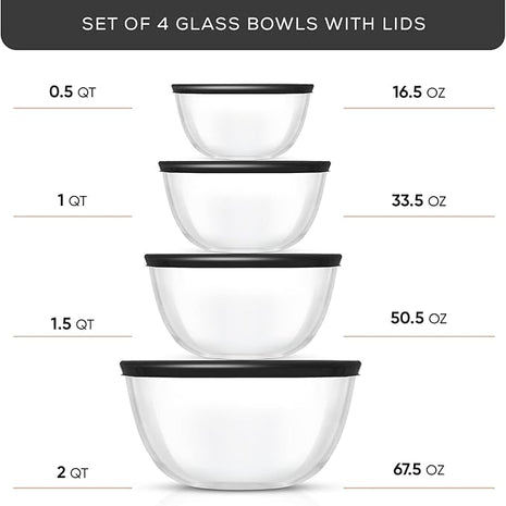 JoyJolt Kitchen Mixing Bowls - 8pc Glass with Lids Set – Neat Nesting Large Bowl Batter Cooking Storage and Big Salad BPA-Free Black