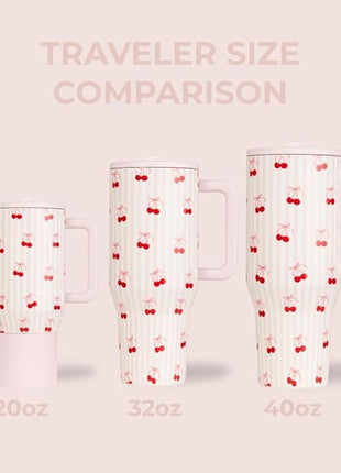 HydroJug Traveler - 40 oz Water Bottle with Handle & Flip Straw - Fits in Cup Holder, Leak Resistant Tumbler-Reusable Insulated Stainless Steel & Rubber Base - Gifts for Women & Men, Sweet Cherry