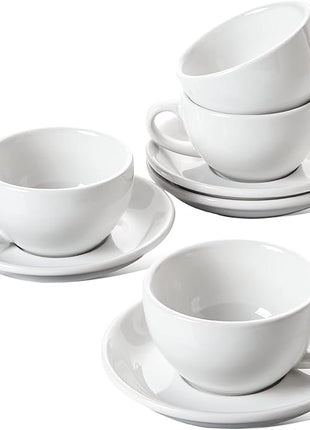 LE TAUCI 8 oz Cappuccino Cups with Saucers, Heavyweight Ceramic Large Coffee Cup for Au Lait, Double shot, Latte, Cafe Mocha, Tea - Dishwasher Safe, Set of 4, White