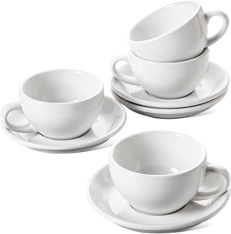 LE TAUCI 8 oz Cappuccino Cups with Saucers, Heavyweight Ceramic Large Coffee Cup for Au Lait, Double shot, Latte, Cafe Mocha, Tea - Dishwasher Safe, Set of 4, White
