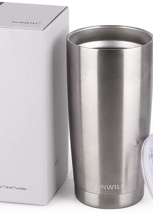 SUNWILL Travel Coffee Tumbler 20 oz, Stainless Steel Mug with Lid, Insulated Cup for Water, Tea, Hot and Cold Drinks, Silver