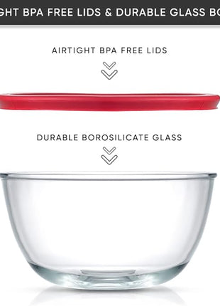 JoyJolt Kitchen Mixing Bowls - 8pc Glass with Lids Set – Neat Nesting Large Bowl Batter Cooking Storage and Big Salad BPA-Free Red