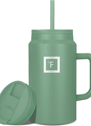 IRON °FLASK Co-Pilot Insulated Mug w/Straw & Flip Cap Lids - Cup Holder Bottle for Hot, Cold Drink - Leak-Proof - Water, Coffee Portable Travel Mug - Sage, 50 Oz