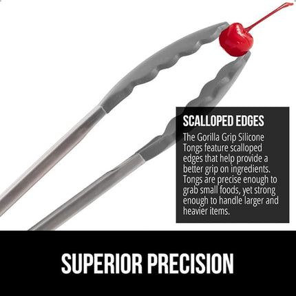 GORILLA GRIP Stainless Steel Heat Resistant Kitchen Tongs for Cooking, Set of 2 BBQ Tong, Non Scratch Silicone Tip for Pans, Strong Grip, Grab Food, Toss Salad, Air Fryer, Pull Lock, 7 + 9 Inch, Gray