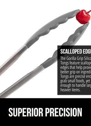 GORILLA GRIP Stainless Steel Heat Resistant Kitchen Tongs for Cooking, 9 + 12 Inch, Set of 2 BBQ Tong, Non Scratch Silicone Tip for Pan, Strong Grip, Grab Food, Toss Salad, Air Fryer, Pull Lock, Gray