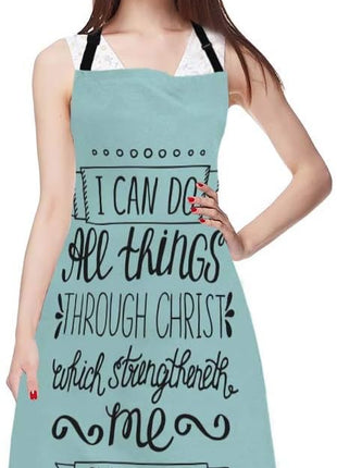 EKOBLA Bible Verse Aprons With I Can Do All Things Through Christ Christian Lettering Quote Waterproof Resistant Chef Cooking Kitchen BBQ Adjustable Aprons for Women Men 27x31 Inch