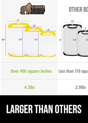 GORILLA GRIP BPA-Free Reversible Kitchen Cutting Board Set of 3, US Designed, Nonporous, Juice Grooves Catch Liquid, Slip Resistant Border, Dishwasher Safe, Durable Large Food Chopping Boards, Yellow