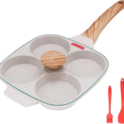 Egg Pan, Egg Frying Pan with Lid Nonstick 4 Cups Pancake Pan Fried Egg Pan for Breakfast, Gas Stove & Induction Compatible (White)