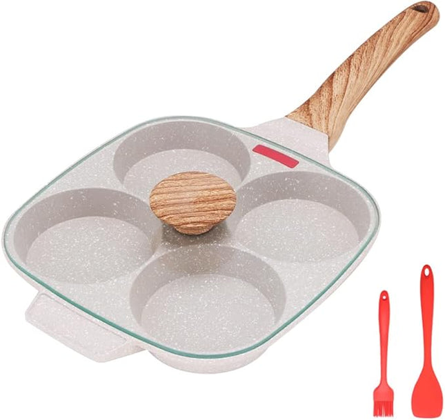 Egg Pan Fried Egg Pan, Egg Frying Pan with Lid Nonstick 4 Cups Pancake Pan Aluminium Alloy Cooker for Breakfast, Gas Stove & Induction Compatible (White)