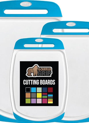 GORILLA GRIP BPA-Free Reversible Kitchen Cutting Board Set of 3, US Designed, Nonporous, Juice Grooves Catch Liquid, Slip Resistant Border, Dishwasher Safe, Durable Large Food Chopping Boards, Aqua