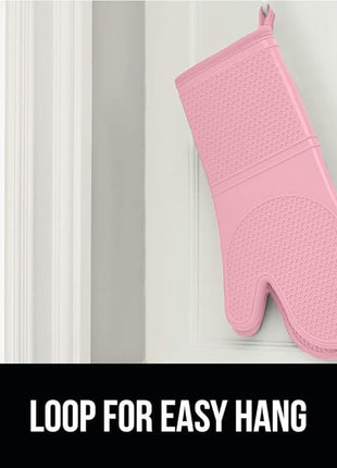 GORILLA GRIP BPA-Free Soft Silicone Oven Mitts, Heat Resistant and Waterproof Cooking Gloves, Thick Cotton Lining, Flexible Gripping for Baking Grilling, Kitchen Potholders Set of 2, 12.5x8.3, Pink