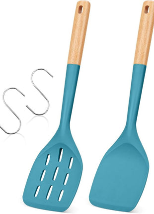 Pack of 2 Silicone Spatula, Non Stick Cooking Utensil Set Wooden Handle Kitchen Turner for Baking Mixing Grilling Serving Food Heat Resistant Non Scratch Hooks Included (Blue)