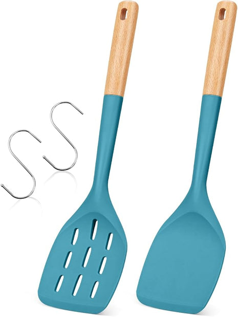 Pack of 2 Silicone Spatula, Non Stick Cooking Utensil Set Wooden Handle Kitchen Turner for Baking Mixing Grilling Serving Food Heat Resistant Non Scratch Hooks Included (Blue)