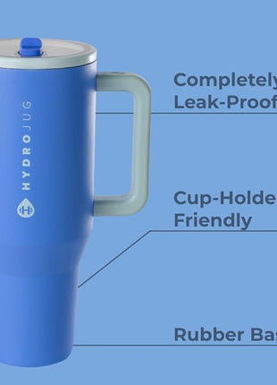 HydroJug Traveler - 40 oz Water Bottle with Handle & Flip Straw - Fits in Cup Holder, Leak Resistant Tumbler-Reusable Insulated Stainless Steel & Rubber Base - Gifts for Women & Men, Riptide