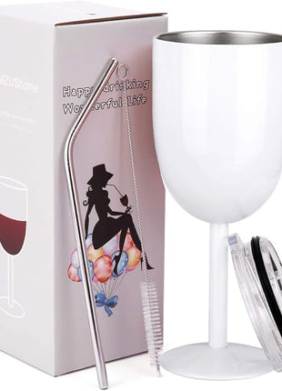AMZUShome Stainless Steel Wine Glasses Cups.Double Walled Vacuum Insulated Wine Tumbler With Lid and Straw.Friendship,Christmas,Birthday Gifts for Women Men Friends Dad Mom(10oz White)