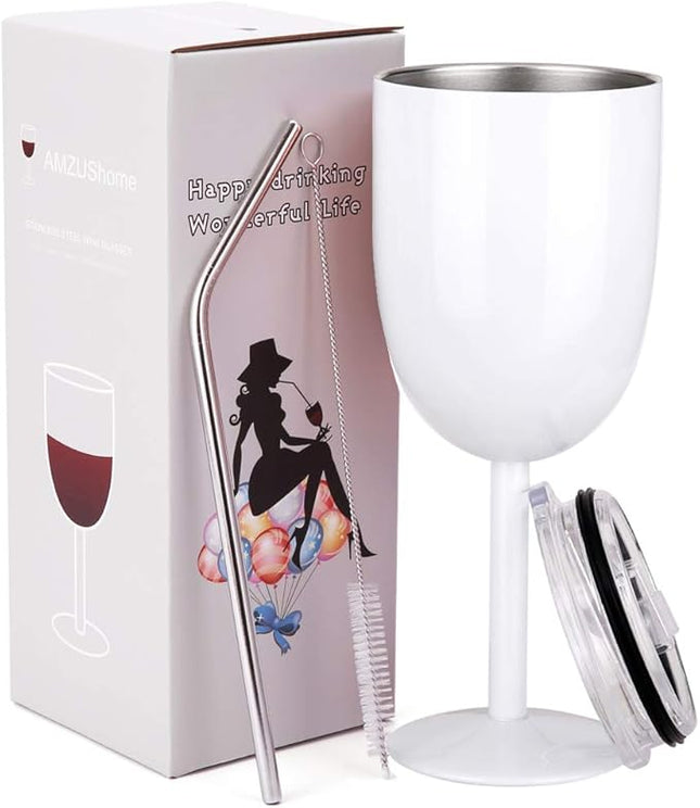 AMZUShome Stainless Steel Wine Glasses Cups.Double Walled Vacuum Insulated Wine Tumbler With Lid and Straw.Friendship,Christmas,Birthday Gifts for Women Men Friends Dad Mom(10oz White)