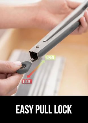 GORILLA GRIP Stainless Steel Heat Resistant Kitchen Tongs for Cooking, Set of 2 BBQ Tong, Non Scratch Silicone Tip for Pans, Strong Grip, Grab Food, Toss Salad, Air Fryer, Pull Lock, 7 + 9 Inch, Gray