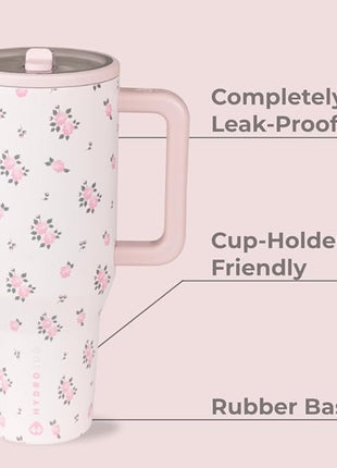 HydroJug Traveler - 32 oz Water Bottle with Handle & Flip Straw - Fits in Cup Holder, Leak Resistant Tumbler-Reusable Insulated Stainless Steel & Rubber Base - Gifts for Women & Men, Wildrose