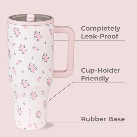 HydroJug Traveler - 40 oz Water Bottle with Handle & Flip Straw - Fits in Cup Holder, Leak Resistant Tumbler-Reusable Insulated Stainless Steel & Rubber Base - Gifts for Women & Men, Wildrose