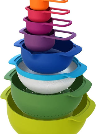 Joseph Joseph Nest 9 Plus, 9 Piece Compact Food Preparation Set with Mixing Bowls, Measuring cups, Sieve and Colander, MultiColor