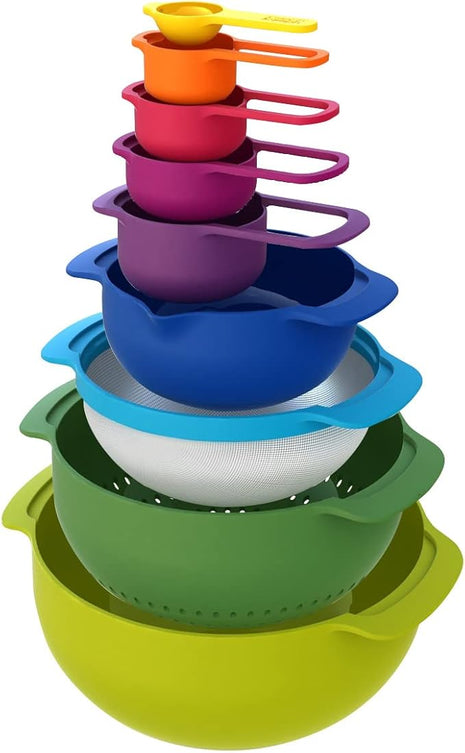Joseph Joseph Nest 9 Plus, 9 Piece Compact Food Preparation Set with Mixing Bowls, Measuring cups, Sieve and Colander, MultiColor