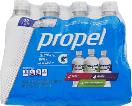 Propel, 3 Flavor Variety Pack, Zero Calorie Sports Drinking Water with Electrolytes and Vitamins C&E, 16.9 Fl Oz, (Pack of 24)