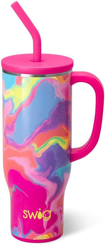Swiglife 30oz Mega Mug, 30oz Tumbler with Handle and Straw, Large Insulated Tumblers, Cup Holder Friendly Travel Mug, Stainless Steel 30 oz Tumbler, Reusable Insulated Water Bottle (Candy Crush)