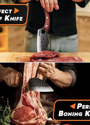 Huusk Hand Forged Meat Cleaver - Butcher Knife for Meat Cutting, Japanese Kitchen Viking Knife with Sheath, Cooking Knives for Kitchen and Outdoor Camping, Thanksgiving Christmas Gifts