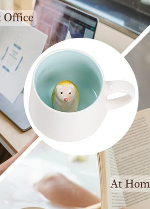 BigNoseDeer Hedgehog Mug Cute Mugs with 3D Hedgehog Inside Ceramic Coffee Mug with Spoon and Lid Mugs for milk,coffee and tea lovers Birthday Cute Gifts for Women 13.5oz