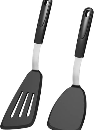 Silicone Spatula Turner Set of 2, GEEKHOM 600°F Heat Resistant Cooking Spatulas for Nonstick Cookware, Extra Large Flexible Kitchen Utensils BPA Free Rubber Spatulas for Pancake, Eggs, Fish, Black