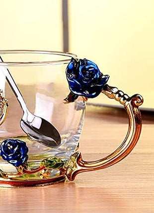 Handicraft Crystal Glass 3D Flower Cups Tea Mug With Tea Spoon Women Coffee, Tea, Juice, Beer, Milk Hot And Cold Drinks Use Gift Package. (Rose Blue Coffee Cup, 11 OZ)