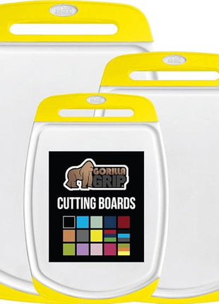 GORILLA GRIP BPA-Free Reversible Kitchen Cutting Board Set of 3, US Designed, Nonporous, Juice Grooves Catch Liquid, Slip Resistant Border, Dishwasher Safe, Durable Large Food Chopping Boards, Yellow