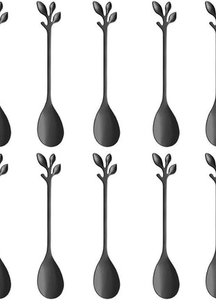 AnSaw Elegant Black Leaf Coffee Spoons - 10-Piece, 4.7" Mini Stainless Steel Espresso & Dessert Tea Spoons, Perfect for Demitasse & Small Servings
