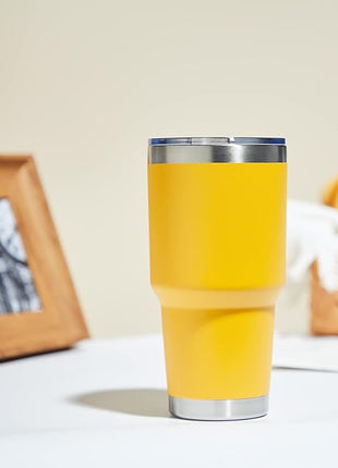 MEWAY 30oz Insulated Tumbler With Lids and Straws,Stainless Steel Double Vacuum Coffee Tumbler Cup, Brush, Durable Powder Coated Coffee Cup for Cold & Hot Drinks, Office, Travel(Yellow,4 PACK)