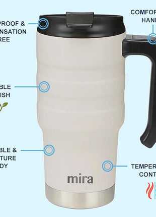 MIRA 20 oz Insulated Travel Mug - Stainless Steel Coffee Cup with Spill-Proof Flip Lid & Handle - Hot/Cold Car Tumbler - Sand
