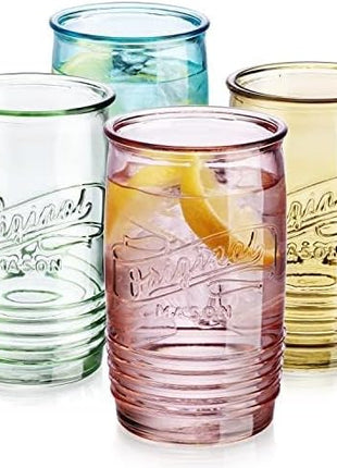 Glaver's Set Of 4 Original Mason Collins Glasses Assorted Colored Drinking Glasses For Juice, Cocktails, Beverage Glass Cups, Hand Wash-In Cold Water (Original Mason Colored 20 OZ)