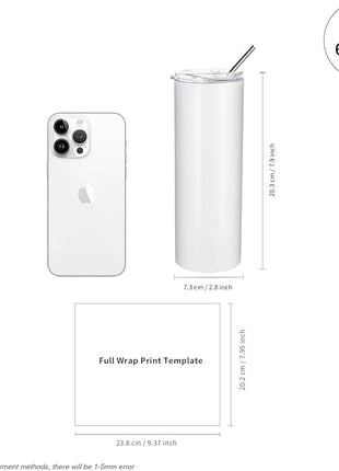 PYD Life 10 Pack Sublimation Tumblers Bulk Blank 20 OZ Skinny White Stainless Steel Tumbler Cups with Straw and Lid for Mug Tumbler Heat Press Sublimation Oven Printing