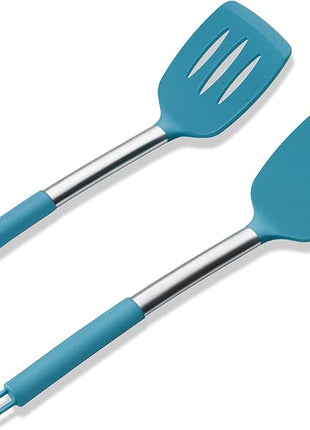 Silicone Spatula Set of 2, E-far Solid & Slotted Turner for Nonstick Cookware, Heat Resistant Rubber Kitchen Cooking Utensils for Flipping Fish Pancake Egg - Teal Blue