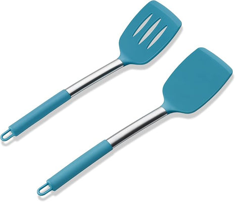 Silicone Spatula Set of 2, E-far Solid & Slotted Turner for Nonstick Cookware, Heat Resistant Rubber Kitchen Cooking Utensils for Flipping Fish Pancake Egg - Teal Blue