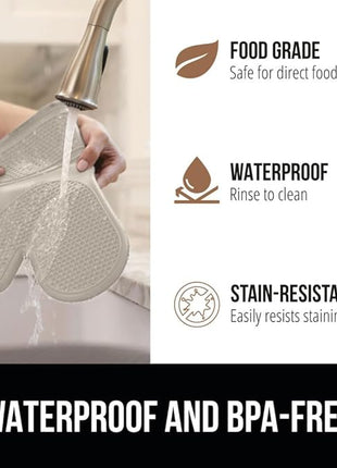 GORILLA GRIP BPA-Free Soft Silicone Oven Mitts, Heat Resistant and Waterproof Cooking Gloves, Thick Cotton Lining, Flexible Gripping for Baking Grilling, Kitchen Potholders Set of 2, 12.5x8.3, Almond